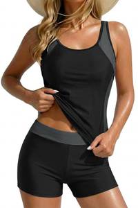 lot 20463 image: Daci Black and Gray Women 2 Piece Tankini Swimsuit - 2026 Tummy Control Sporty Bathing Suit Color Block Swim Tank Top with Boy Shorts XL