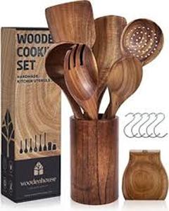 lot 11402 image: Wooden House Handmade Kitchen Utensils Cooking Set (Could be Missing Some Utensils)