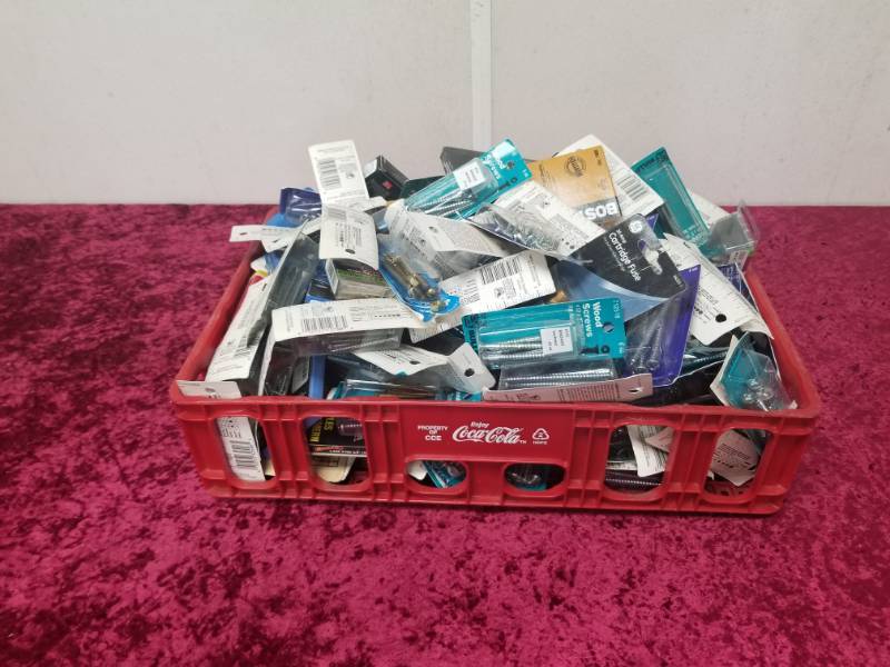 lot 9013 image: Coca Cola Crate of Screws, Staples, Fuses and much more