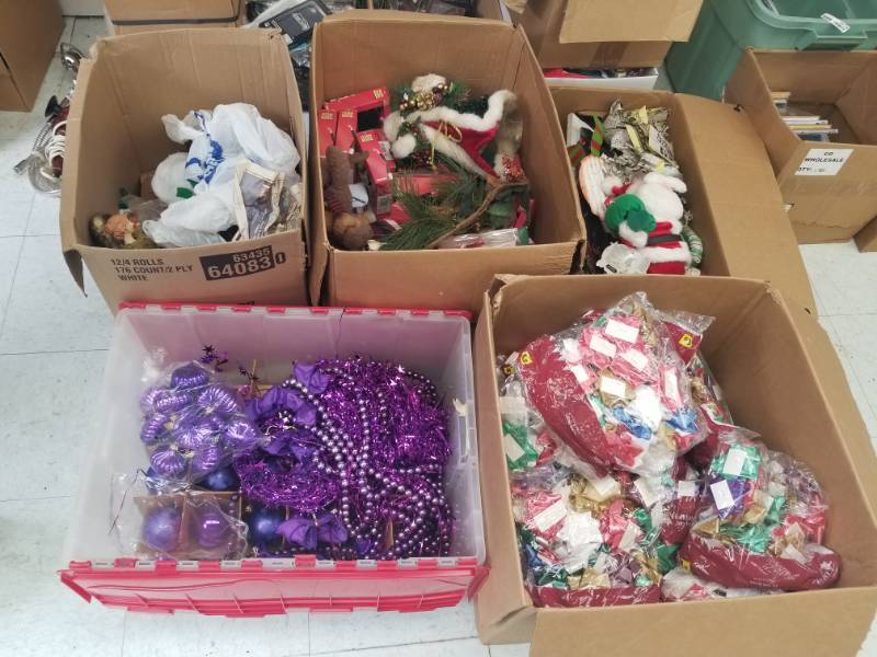 lot 7587 image: Five Boxes  Tote of Christmas Decorations  Necessaties