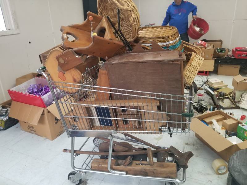 lot 7590 image: Shopping Cart Full of Wood and Basket Items