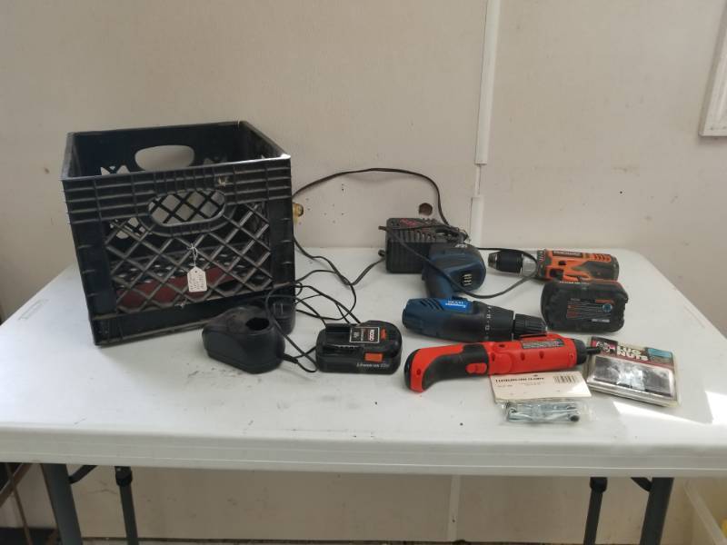 lot 7600 image: Crate with Cordless Drills and misc.
