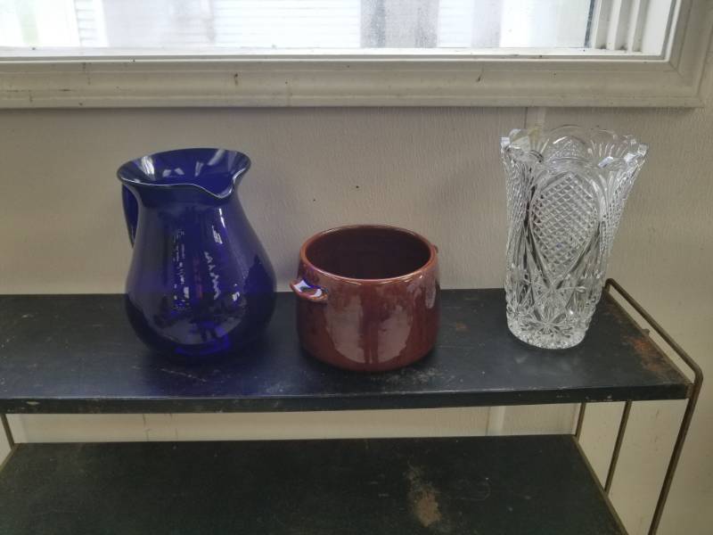 lot 7622 image: Blue Pitcher, Lg Cut Glass Vase and Crockery Pot no lid