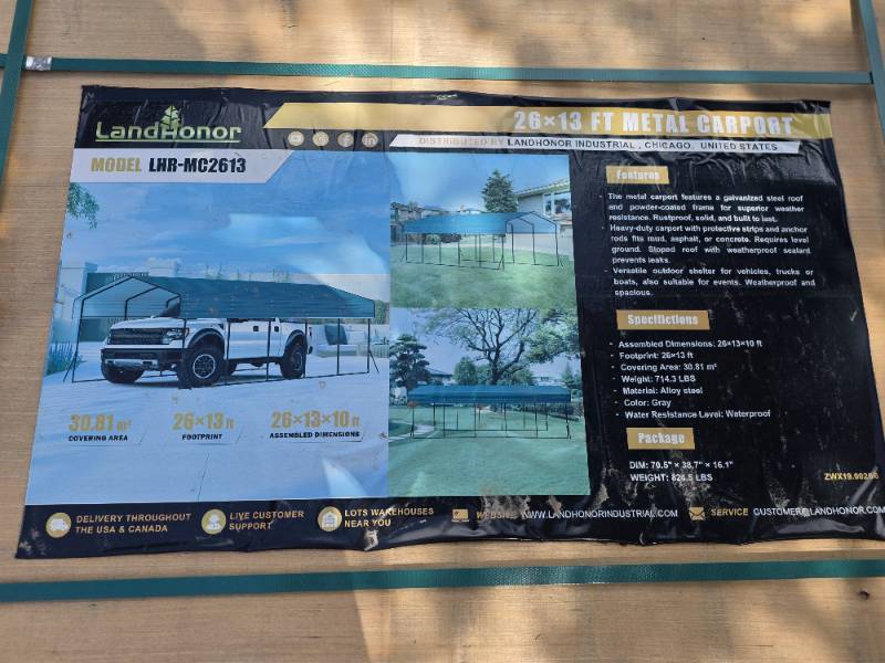 lot 47610 image: LandHonor 26x13ft Metal Carport Kit - Model LHR-MC2613