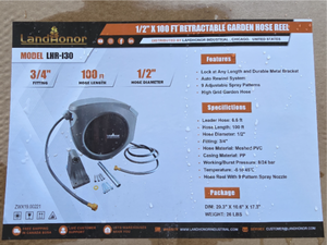 lot 5425 image: Landhonor 12 inch x 100ft Retractable Garden Hose Reel