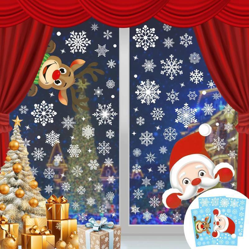 lot 64059 image: 465 Pcs Snowflake Window Clings - 10 Sheets Christmas Decals, Double-Sided Reusable White Window Stickers