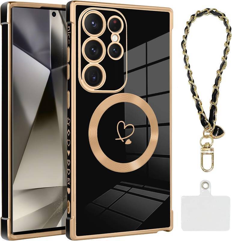 lot 64100 image: OOK Magnetic Phone Case for Samsung Galaxy S24 Ultra 6.8 Inch Wireless Charging Compatible Soft TPU Heart Design Shockproof Protection Electroplated Slim Case with Strap Lanyard - Black