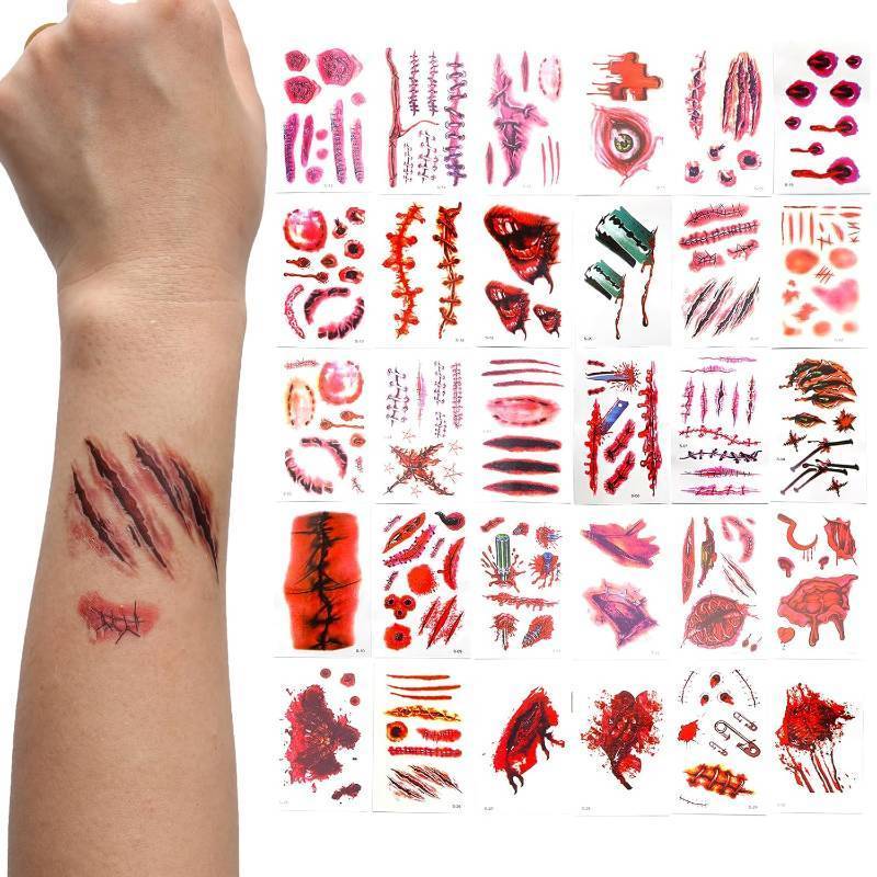 lot 64108 image: 5PACK 10 Sheets Halloween Zombie Scar Temporary Tattoos 10pcs Fake Bloody Wound Stitch Scar Scab Waterproof Sticker Halloween Masquerade Prank Makeup Props makeup accessories for men and women