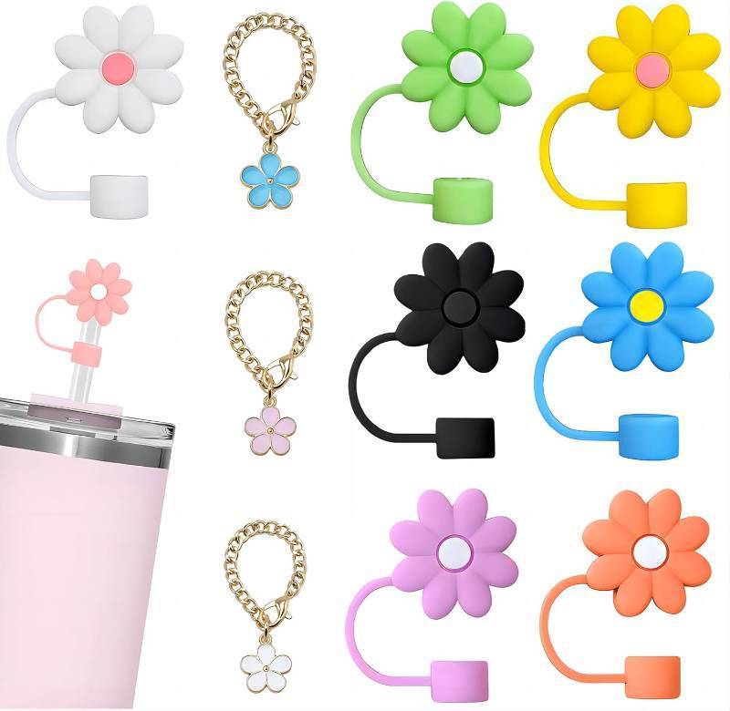 lot 64308 image: 7pcs Cute Flower Straw Covers for Stanley Cup, Girly Straw Toppers with 3 Floral Charms, Dust-Proof 10mm Lids for 30oz & 40oz Tumblers