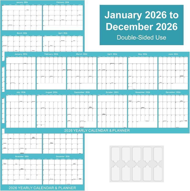 lot 65258 image: 17 x 38 2026 Wall Calendar, Wet & Dry Erase Wall Calendar 12 Month, Yearly Laminated Wall Calendars, Reversible Annual Planner