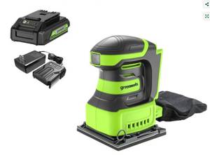 lot 1021 image: Greenworks 24V Cordless Quarter Sheet Sander with Battery and Charger, tested tool works great   - Retail $99