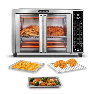 lot 1011 image: Gourmia French Door Air Fryer �� 25 Qt Large Capacity Convection Oven, Fryfroce 360°, Digital Display with 17 Cooking Presets, Bake, Toast, Roast, Dehydrate, Fits 12 Pizza - Retail $150