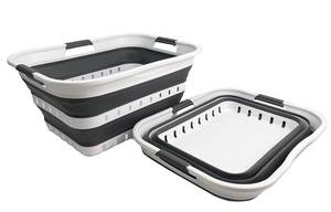 lot 1050 image: SAMMART 42L (11 gallons) Set of 2 Plastic Foldable Storage BasketContainer - Collapsible, Space Saving and Portable Laundry Hamper, Ideal for Home, Travel, Dorm, and Camping (2, WhiteNavy Blue) - Retail $47