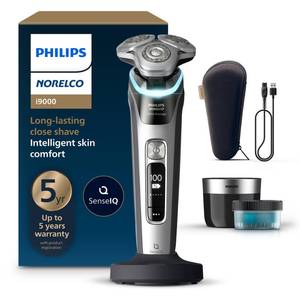 lot 1051 image: Philips Norelco Shaver i9000 Prestige, Wet & Dry Electric Shaver, Dark Slate Nova, SenseIQ Technology, Triple Lift & Cut System, 360 Rotating Dual SteelPrecision Blades, Charging Stand, XP920485 - Retail $300