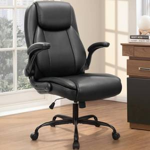 lot 1055 image: LazBoy CHAIR Office Desk Gaming Computer Home Chair Ergonomic Executive High Back Support Flip-up Arms Adjustable Height Swivel Rolling Wheels Comfy PU Leather (Black) - Retail $259