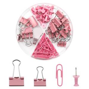lot 1065 image: 3 pack Pocoxll Office Supplies Set, Paper Clips, 72 Pcs, Push Pins and Binder Clips Set with Box for Office, School and Home(Pink) - Retail $18