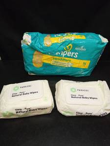 lot 1103 image: Baby Care Bundle - Pampers Swaddlers Diapers Size N and Parasol Natural Baby Wipes - Retail $25