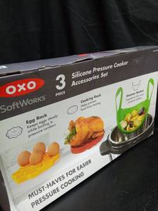 lot 1109 image: OXO Silicone Pressure Cooker Set �� 3 Piece Egg Steamer Basket  Cooking Rack & Rack Handles �� Red  Yellow  Green - Retail $33