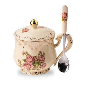 lot 1154 image: YOLIFE Pink Rose Tea Cup with Lid, 12 OZ Vintage Ceramic Tea Cup with lid and Spoon, Teacup with Floral and Gold Leaves Trim Design, Birthday Gift for Mom Women - Retail $21