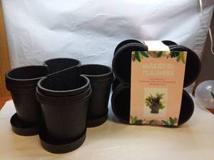 lot 1187 image: 2 Sets of 3-  Stacking Planters Set with Drainage Trays - Black Plastic Plant Pots - Retail $10