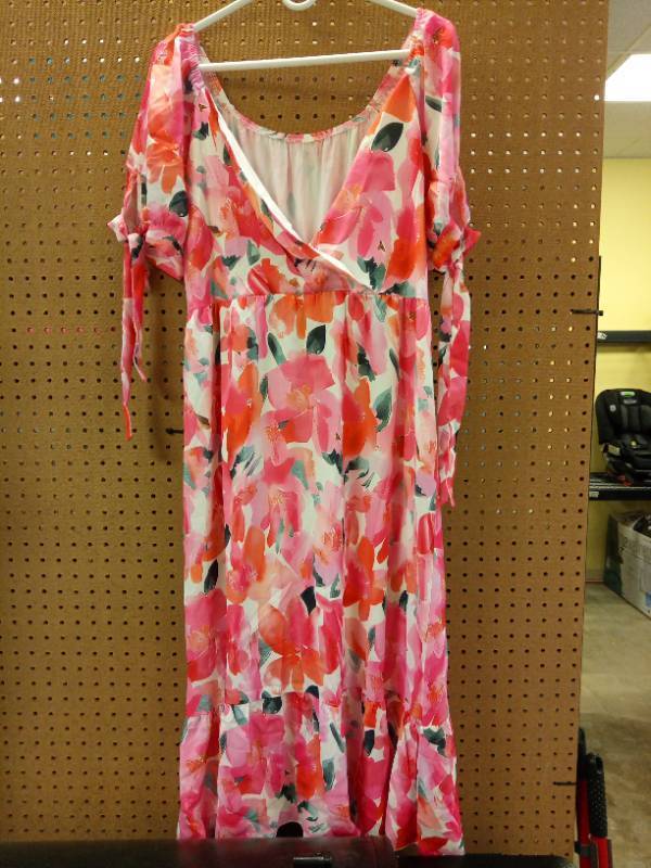 lot 2038 image: Pink Floral Off Shoulder Maxi Dress with liner.  Size Large - Retail $25