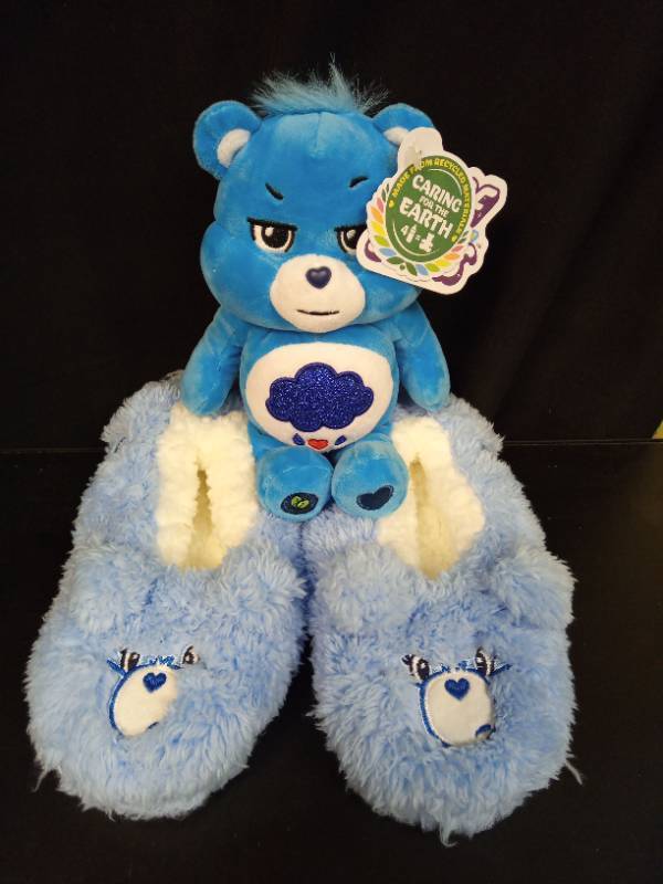 lot 2040 image: Care Bears Fun Size Sparkle Plush Grumpy Bear with Grumpy Bear Slippers.  Slippers Size Unkonown - Retail $18