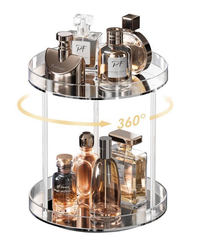 lot 2057 image: Lolalet 360 Degree Rotating Acrylic Perfume Organizer Stand, 2 Tiers Clear Perfumes Holder Display Rack, Makeup Skincare Organization for Vanity Bathroom Countertop -Medium, Clear - Retail $20