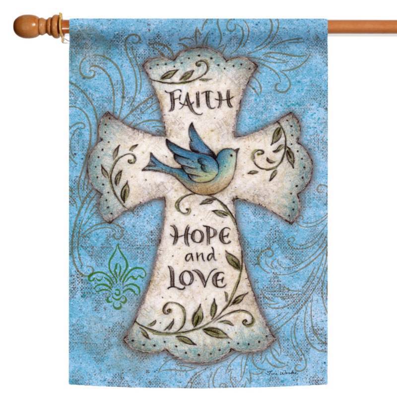 lot 2064 image: Toland Home Garden 1010841 Faith Hope Love Christian Flag 28x40 Inch Double Sided Christian Garden Flag for Outdoor House Cross Flag Yard Decoration - Retail $15