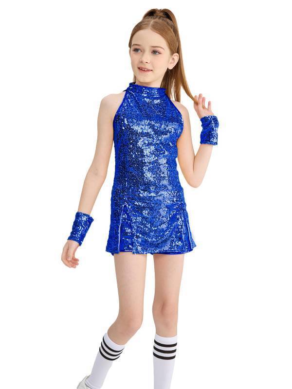 lot 2094 image: LOLANTA Girls Sequin Dance Dress Sparkle Hip Hop Jazz Dance Outfits Sleeveless Top Shorts (Blue, 6-7) Retail $30