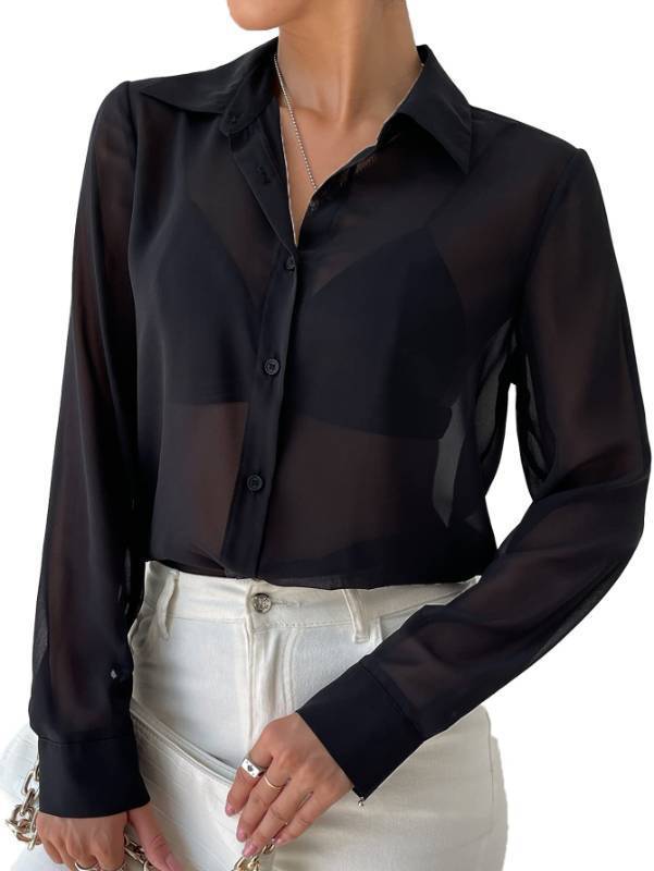 lot 2095 image: Verdusa Womens Sheer Mesh Button Up Shirt Long Sleeve Chiffon Blouse Top Black S Retail $23
