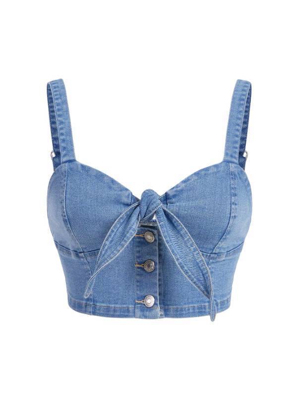 lot 2096 image: BEAUDRM Womens Backless Denim Cami Crop Top Sweetheart Neck Button Tie Front Jean Camisole Light Wash Small Retail $25