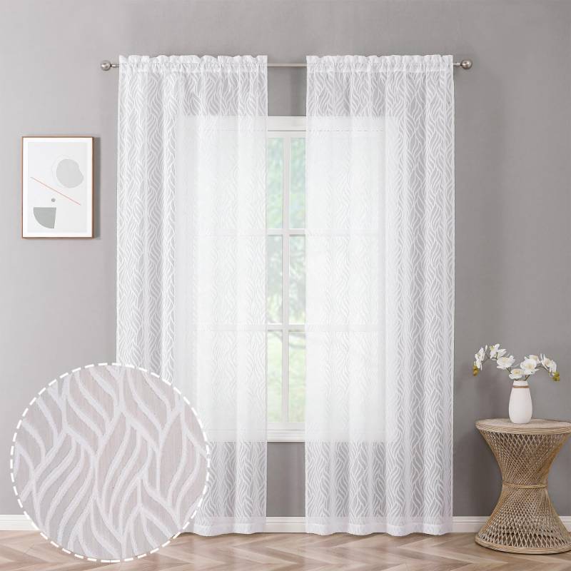 lot 2009 image: Chyhomenyc Marilyn White Sheer Curtains 84 Inch Length 2 Panels, Light Filtering 3D Leaf Clip Jacquard Textured Voile Sheer Curtain Drapes for Bedroom Living Room, 38Wx84L Inches Retail $16