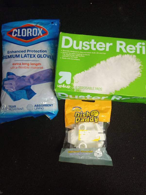 lot 2017 image: Household Cleaning Bundle - Clorox Gloves, Duster Refills, and Dish Daddy Connector - Retail $16