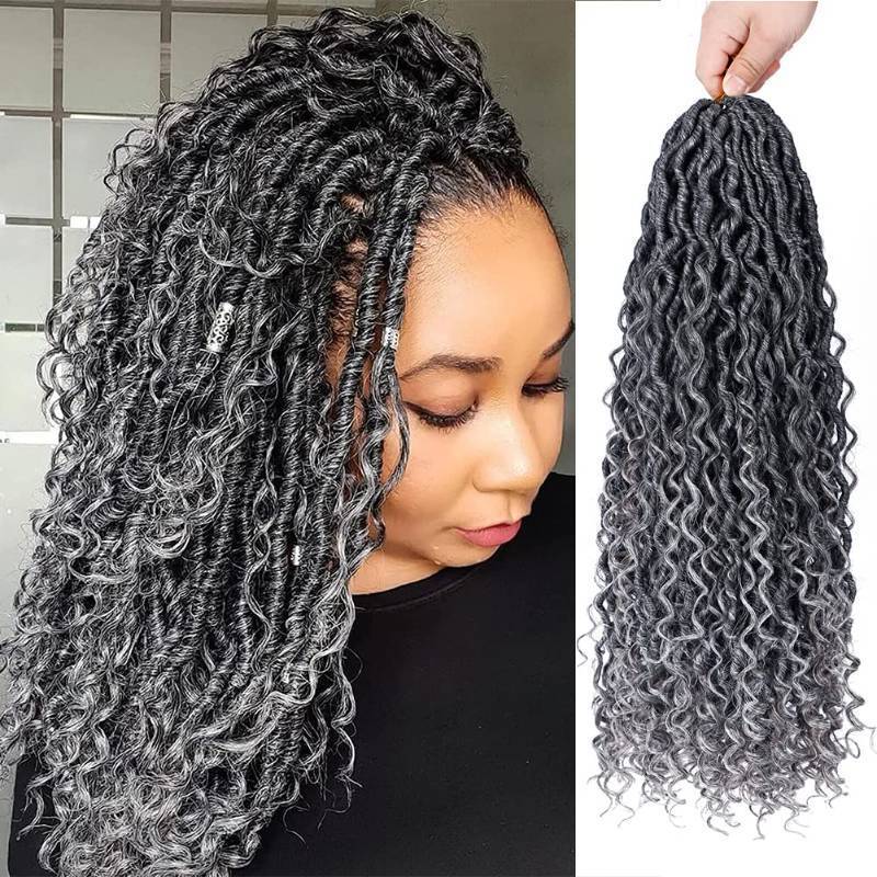 lot 2077 image: BAOTA Goddess Locs Crochet Hair 10 Inch 7 Packs Faux Locs Crochet Hair for Women Pre Looped Gray Soft Locs with Curly Hair (T1BGray#)&nbsp