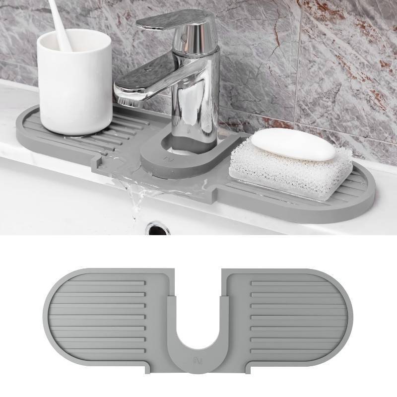 lot 2085 image: NEWITEE 16 Inch Faucet Mat for Kitchen Sink Mat, Silicone Sink Splash Guard, 2 Spouts Fast Draining Mat & Drying Mat, Faucet Guard Draining Mat, Fits Most Kitchen Sink Countertop Without Cutting Gray
