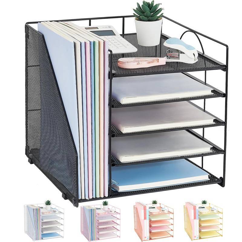 lot 2089 image: LEKETREE Desk Organizers and Accessories, 5-Tier Paper Letter Tray Organizer with File Holder, Desktop Organizer for Office Supplies (Black) - Retail $23