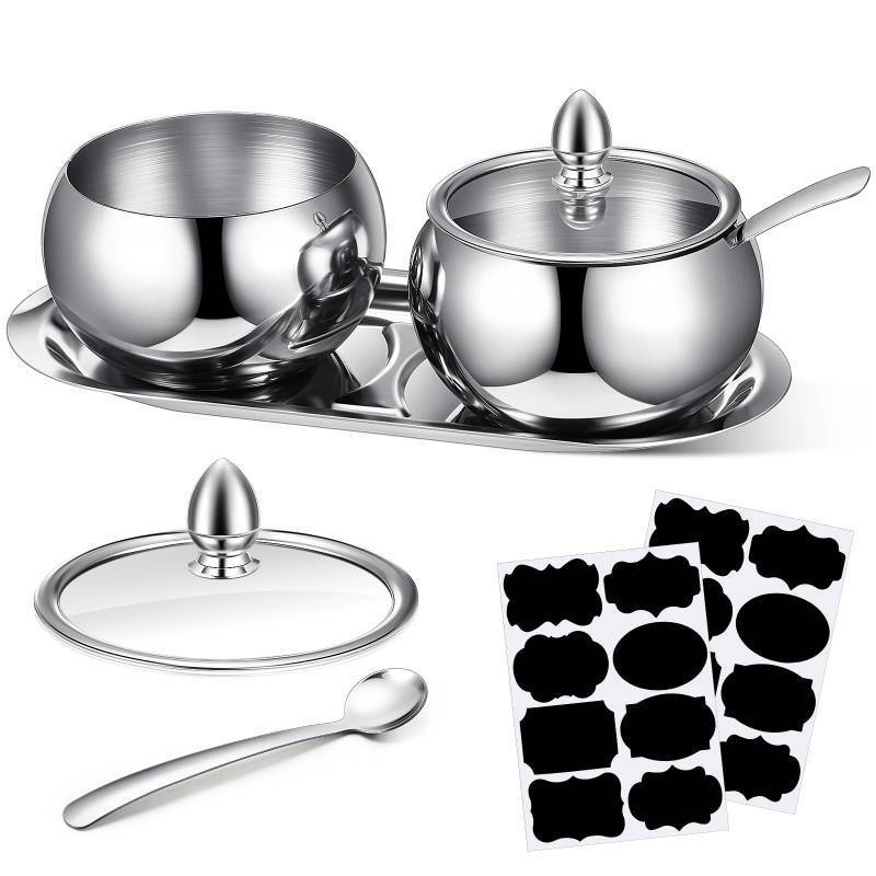 lot 2091 image: Baderke 2 Pcs 16 oz Stainless Steel Sugar Container with Lid Spoon and Tray Sugar Container Salt Bowl Holder Dispenser with Tag Condiment Pots for Countertop Serving Spice Pepper Kitchen - Retail $17