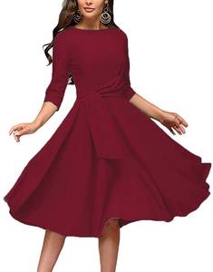 lot 2103 image: Womens Elegance Audrey Hepburn Style Ruched Dress Round Neck 34 Sleeve Swing Midi A-line Dresses Red - Retail $0
