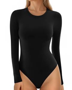 lot 2114 image: MANGOPOP Womens Crew Neck Long Sleeve Bodysuit Casual T Shirts Body Suit Basic Slim Fitted Going Out Tops, Long Sleeve Black, Large - Retail $20