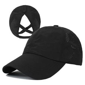 lot 2115 image: HGGE Womens Criss Cross Ponytail Baseball Cap Adjustable High Messy Bun Trucker Hats Quick Drying Mesh Dad Ponycap for Outdoor Sports Travel Black - Retail $14