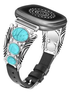 lot 2121 image: Minyee Leather Band Compatible with Fitbit Versa 4Versa 3Sense 2Sense Band Women, Western Turquoise Boho Vintage Cowboy Retro Jewelry Adjustable Slim Replacement Wristband Strap for Versa 4 Sense - Retail $20