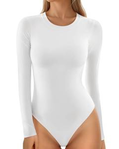 lot 2126 image: MANGOPOP Round Neck Long Sleeve Bodysuit For Women Casual T Shirts Body Suit Basic Slim Fitted Casual Top - Retail $17