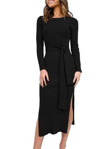 lot 2127 image: ANRABESS Womens Long Sleeve Sweater Dress Crew Neck Slim Fit Slit Tie Waist 2025 Ribbed Knit Bodycon Midi Dress Fall Outfits 623heise-L Black - Retail $50