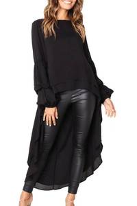 lot 2132 image: PRETTYGARDEN Womens Lantern Long Sleeve Round Neck High Low Asymmetrical Irregular Hem Casual Tops Blouse Shirt Dress (Black,Large) - Retail $29