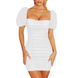 lot 2138 image: Eyshan Womens Short Puff Sleeves Off Shoulder Mini Dresses Backless Square Neck Pencil Solid Color Stretch Slim Casual Dress M - Retail $29