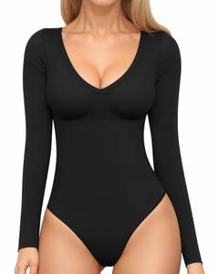 lot 2144 image: MANGOPOP Womens Long Sleeve Bodysuit Sexy V Neck Body Suits Fitted Fall Going Out Tops(Black,Large) - Retail $25