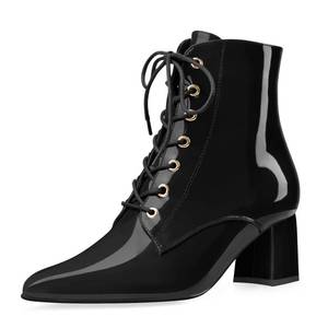 lot 2157 image: Z.Oufeier Womens Chunky Ankle Boots with Low Block Heel Victorian Boots Fashion Black Patent Leather Lace Up Pointed Toe Heeled Booties(black patent,9) - Retail $39