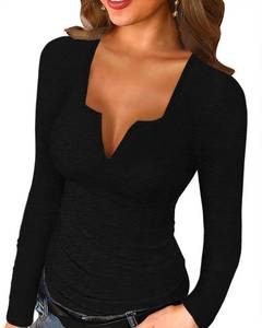 lot 2158 image: Women Long Sleeve Tops Scoop Neck Low Cut Slim Fitted Henley Shirt Sexy Basic Tee Shirts Tops V Black Small - Retail $0