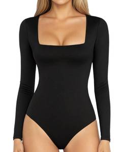lot 2159 image: MANGOPOP Womens Square Neck Long Sleeve Bodysuit Sexy Body Suits Shirt Slim Fitted Tops A Black Large - Retail $20