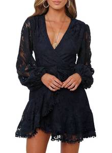 lot 2160 image: FARYSAYS Womens Lace Wrap Mini Dresses Boho Floral V Neck Long Sleeve Flowy Ruffle Spring A-Line Short Dress for Teen Girls Black Medium - Retail $60